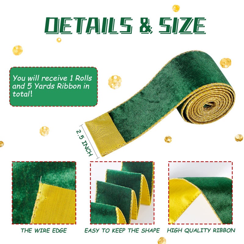 SIMISI RIBBON Green Wide Velvet Ribbon Wired for Christmas Tree, Garland, Wreath, 2.5 Inch 5 Yards - Image 2